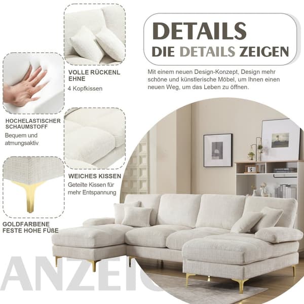 Modern U-format soffa i chenille med dubbla vilstolar, stor hörnsoffa för vardagsrum, sovrum, kontor, lägenhet eller villa – Beige