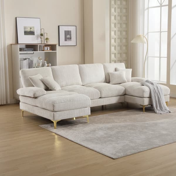 Modern U-format soffa i chenille med dubbla vilstolar, stor hörnsoffa för vardagsrum, sovrum, kontor, lägenhet eller villa – Beige