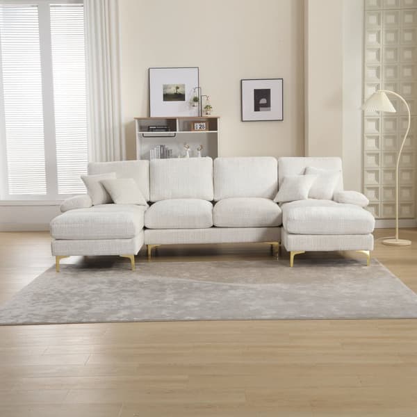 Modern U-format soffa i chenille med dubbla vilstolar, stor hörnsoffa för vardagsrum, sovrum, kontor, lägenhet eller villa – Beige