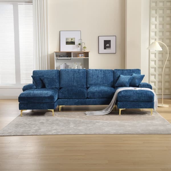 Moderne U-formet chenillesofa med dobbelte hvilestole, stor hjørnesofa til stue, soveværelse, kontor, lejlighed eller villa – Blå