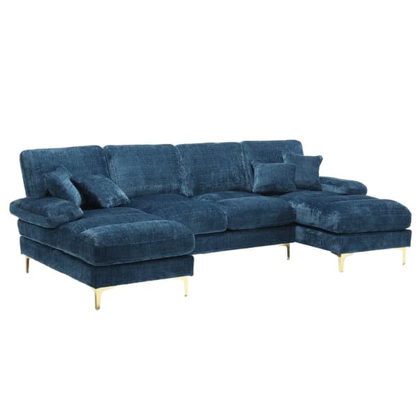 Moderne U-formet chenillesofa med dobbelte hvilestole, stor hjørnesofa til stue, soveværelse, kontor, lejlighed eller villa – Blå