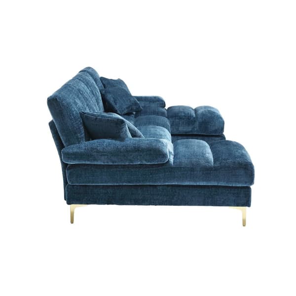 Moderne U-formet chenillesofa med dobbelte hvilestole, stor hjørnesofa til stue, soveværelse, kontor, lejlighed eller villa – Blå