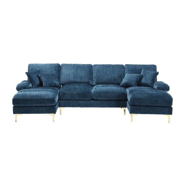Moderne U-formet chenillesofa med dobbelte hvilestole, stor hjørnesofa til stue, soveværelse, kontor, lejlighed eller villa – Blå