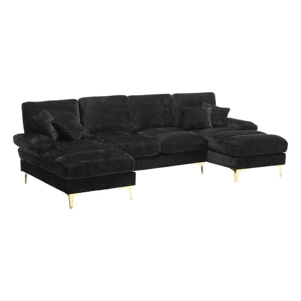 Modern U-format soffa i chenille med dubbla vilstolar, stor hörnsoffa för vardagsrum, sovrum, kontor, lägenhet eller villa – Svart