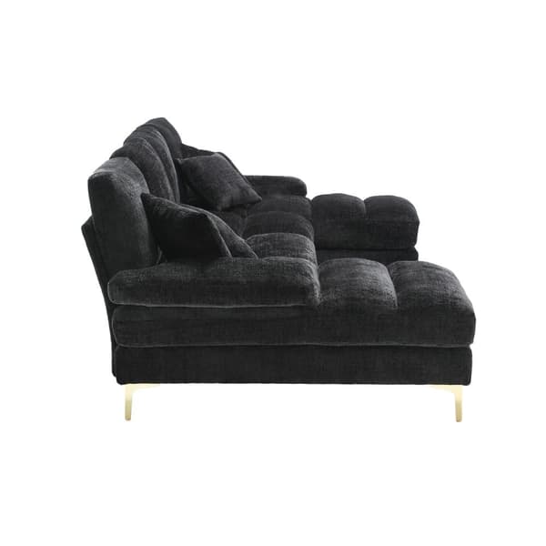 Modern U-format soffa i chenille med dubbla vilstolar, stor hörnsoffa för vardagsrum, sovrum, kontor, lägenhet eller villa – Svart