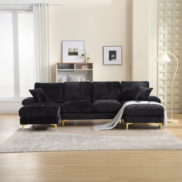 Modern U-format soffa i chenille med dubbla vilstolar, stor hörnsoffa för vardagsrum, sovrum, kontor, lägenhet eller villa – Svart