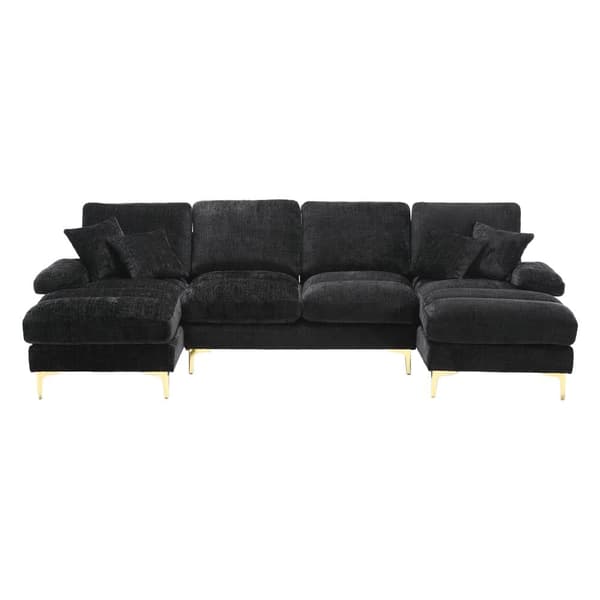 Moderne U-formet chenillesofa med dobbelte hvilestole, stor hjørnesofa til stue, soveværelse, kontor, lejlighed eller villa – Sort