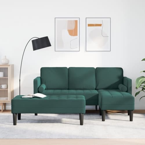 Trädgårdsoffa med Bänk och Kuddar L-formad Mörkgrön Sammet, vidaXL 3-Sitssoffa med Chaise L-formad Mörkgrön 160 cm Sammet, vidaXL Bänk Mörkgrön 113x57