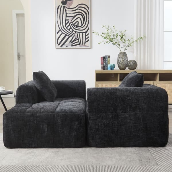 Komfortabel chaiselong sofa – ingen montering nødvendig, blød sofa med hynder og sidelommer til fjernbetjening og mobiltelefon – sort
