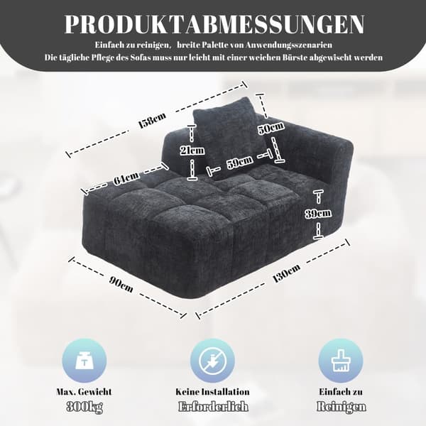 Komfortabel chaiselong sofa – ingen montering nødvendig, blød sofa med hynder og sidelommer til fjernbetjening og mobiltelefon – sort