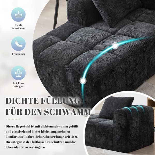 Komfortabel chaiselong sofa – ingen montering nødvendig, blød sofa med hynder og sidelommer til fjernbetjening og mobiltelefon – sort