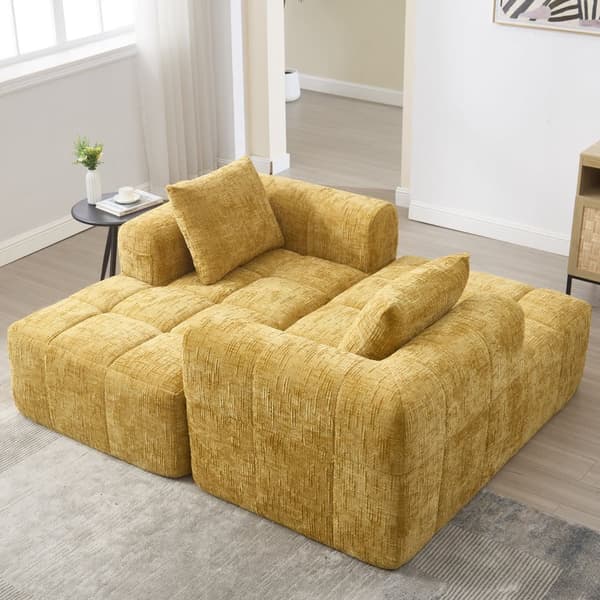 Komfortabel chaiselong sofa – ingen montering nødvendig, blød sofa med hynder og sidelommer til fjernbetjening og mobil – gul