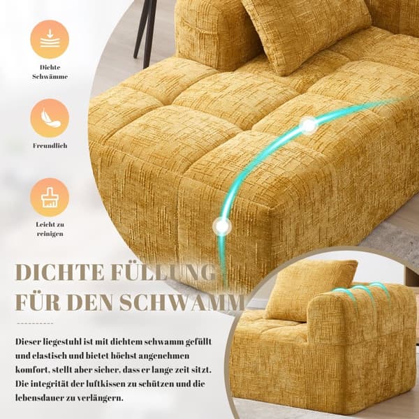 Komfortabel chaiselong sofa – ingen montering nødvendig, blød sofa med hynder og sidelommer til fjernbetjening og mobil – gul