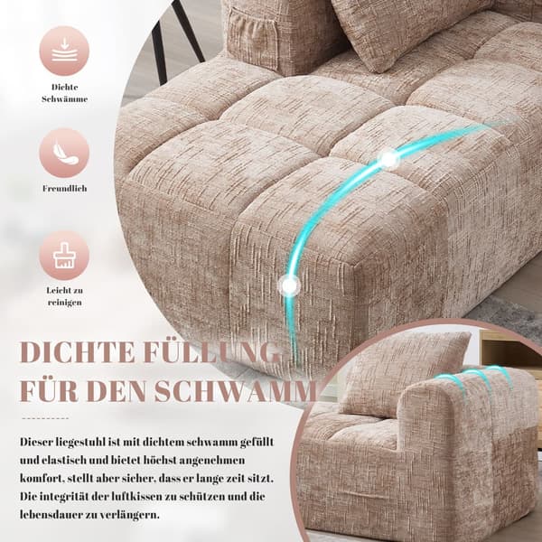 Bekväm schäslongsoffa – ingen montering krävs, mjuk soffa med kuddar och sidofickor för fjärrkontroll och mobil – khakifärgad
