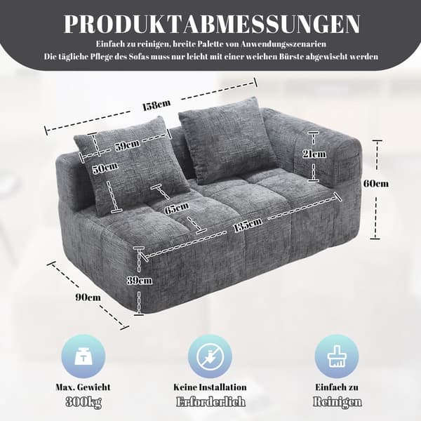 Komfortabel 2-personers sofa - fuldt samlet, blød med hynde og sidelommer til fjernbetjening og mobil - grå