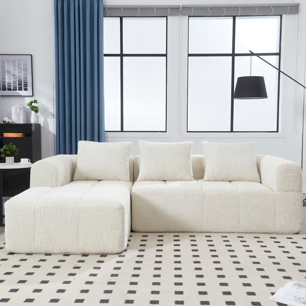Sektionssofa, L-Sofa, 3-Sitzer-Sofa, keine Installation erforderlich, Chenille-Sofa mit Chaiselongue und Armlehnen, 3 Kissen,Beige