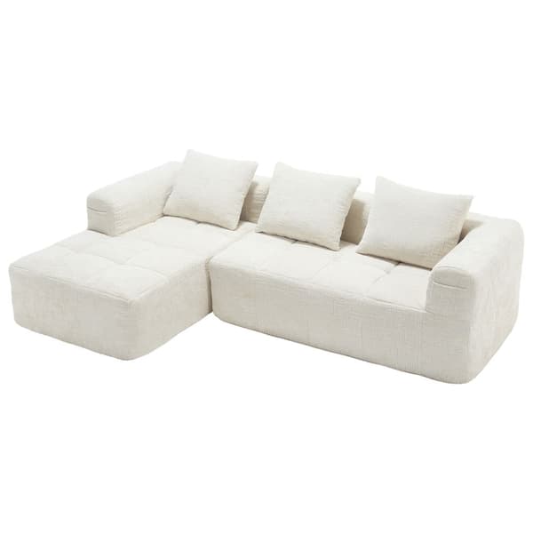 Sektionssofa, L-Sofa, 3-Sitzer-Sofa, keine Installation erforderlich, Chenille-Sofa mit Chaiselongue und Armlehnen, 3 Kissen,Beige