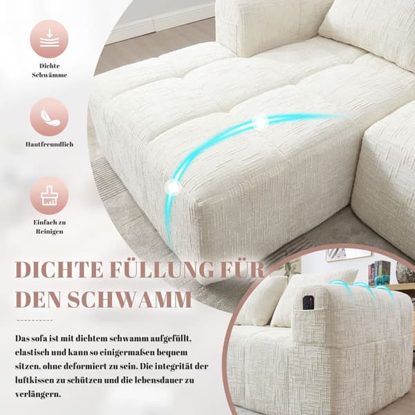 Sektionssofa, L-Sofa, 3-Sitzer-Sofa, keine Installation erforderlich, Chenille-Sofa mit Chaiselongue und Armlehnen, 3 Kissen,Beige