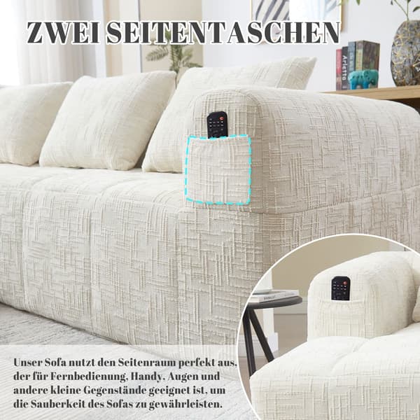 Sektionssofa, L-Sofa, 3-Sitzer-Sofa, keine Installation erforderlich, Chenille-Sofa mit Chaiselongue und Armlehnen, 3 Kissen,Beige