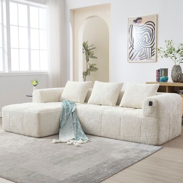 Sektionssofa, L-Sofa, 3-Sitzer-Sofa, keine Installation erforderlich, Chenille-Sofa mit Chaiselongue und Armlehnen, 3 Kissen,Beige