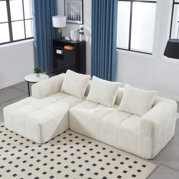Sektionssofa, L-Sofa, 3-Sitzer-Sofa, keine Installation erforderlich, Chenille-Sofa mit Chaiselongue und Armlehnen, 3 Kissen,Beige