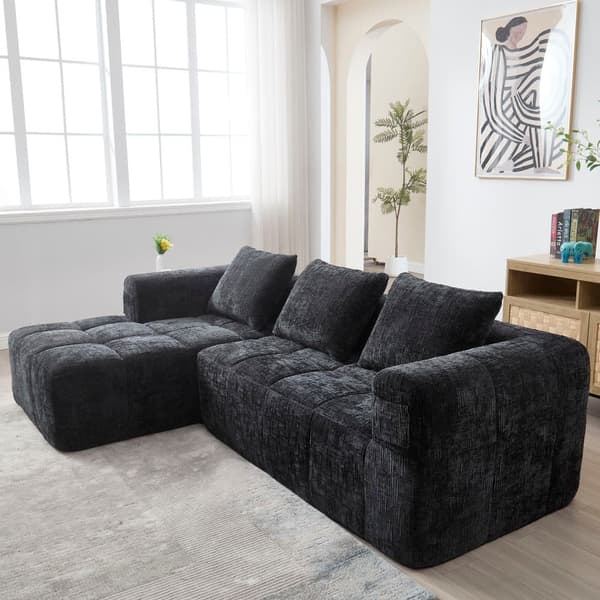 Sektionssofa, L-Sofa, 3-Sitzer-Sofa, keine Installation erforderlich, Chenille-Sofa mit Chaiselongue und Armlehnen, 3 Kissen, Schwarz