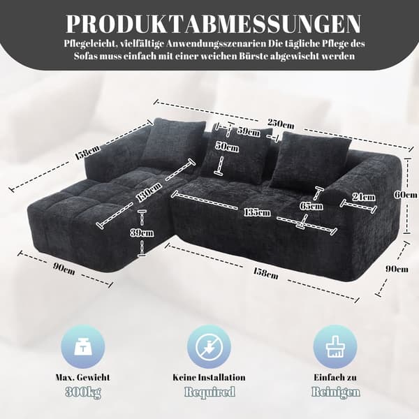 Sektionssofa, L-Sofa, 3-Sitzer-Sofa, keine Installation erforderlich, Chenille-Sofa mit Chaiselongue und Armlehnen, 3 Kissen, Schwarz