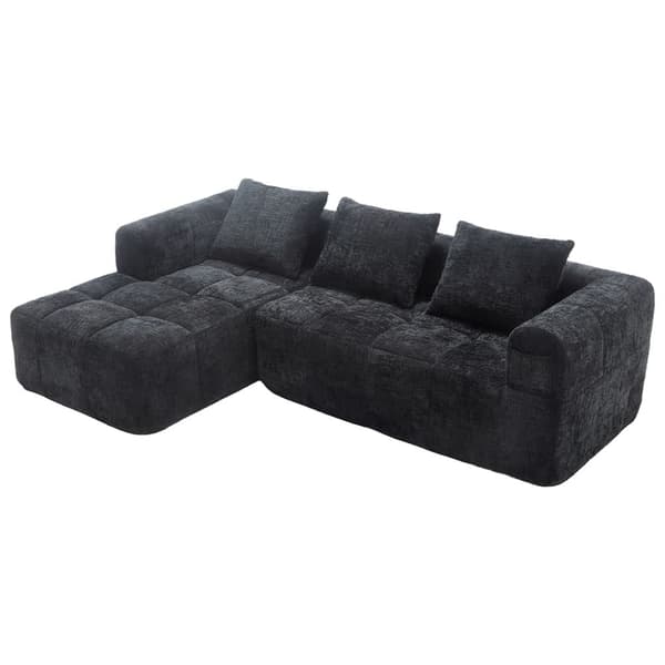 Sektionssofa, L-Sofa, 3-Sitzer-Sofa, keine Installation erforderlich, Chenille-Sofa mit Chaiselongue und Armlehnen, 3 Kissen, Schwarz