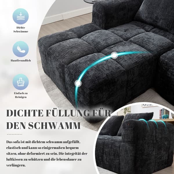 Sektionssofa, L-Sofa, 3-Sitzer-Sofa, keine Installation erforderlich, Chenille-Sofa mit Chaiselongue und Armlehnen, 3 Kissen, Schwarz