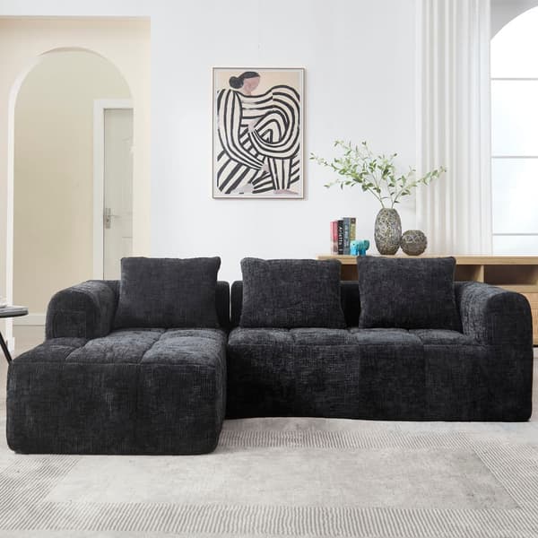 Sektionssofa, L-Sofa, 3-Sitzer-Sofa, keine Installation erforderlich, Chenille-Sofa mit Chaiselongue und Armlehnen, 3 Kissen, Schwarz