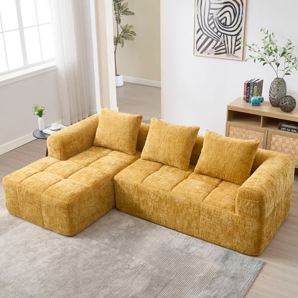 Sektionssofa, L-formet sofa, 3-personers sofa, ingen installation nødvendig, chenille sofa med chaiselong og armlæn, 3 hynder, gul