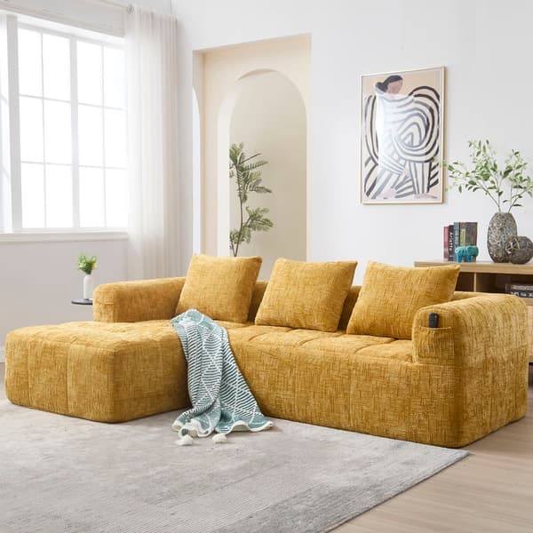 Sektionssofa, L-formet sofa, 3-personers sofa, ingen installation nødvendig, chenille sofa med chaiselong og armlæn, 3 hynder, gul