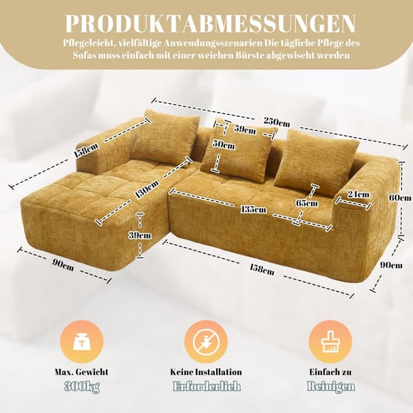 Sektionssofa, L-formet sofa, 3-personers sofa, ingen installation nødvendig, chenille sofa med chaiselong og armlæn, 3 hynder, gul