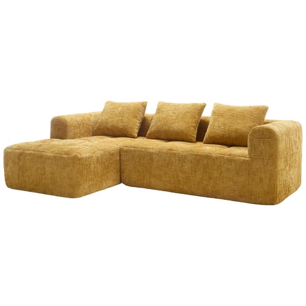 Sektionssofa, L-formet sofa, 3-personers sofa, ingen installation nødvendig, chenille sofa med chaiselong og armlæn, 3 hynder, gul