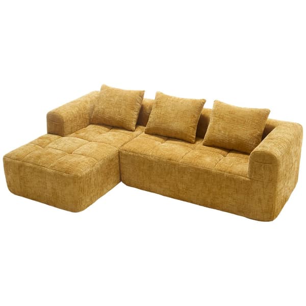 Sektionssofa, L-formet sofa, 3-personers sofa, ingen installation nødvendig, chenille sofa med chaiselong og armlæn, 3 hynder, gul