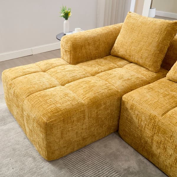 Sektionssofa, L-formet sofa, 3-personers sofa, ingen installation nødvendig, chenille sofa med chaiselong og armlæn, 3 hynder, gul