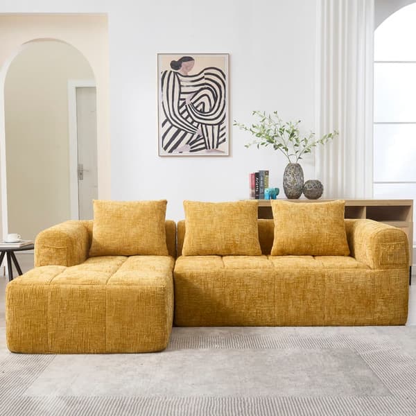 Sektionssofa, L-formet sofa, 3-personers sofa, ingen installation nødvendig, chenille sofa med chaiselong og armlæn, 3 hynder, gul