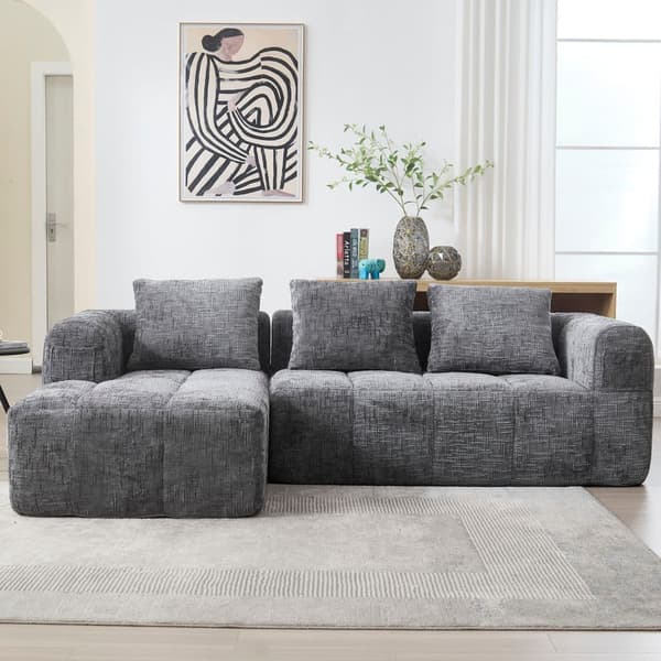 Sektionssofa, L-Sofa, 3-Sitzer-Sofa, keine Installation erforderlich, Chenille-Sofa mit Chaiselongue und Armlehnen, 3 Kissen, Grau