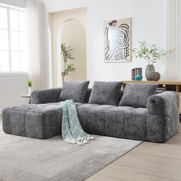 Sektionssofa, L-Sofa, 3-Sitzer-Sofa, keine Installation erforderlich, Chenille-Sofa mit Chaiselongue und Armlehnen, 3 Kissen, Grau