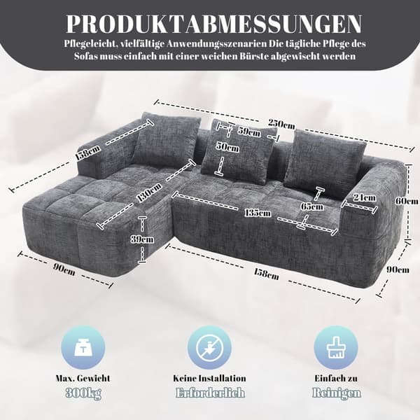 Sektionssofa, L-Sofa, 3-Sitzer-Sofa, keine Installation erforderlich, Chenille-Sofa mit Chaiselongue und Armlehnen, 3 Kissen, Grau