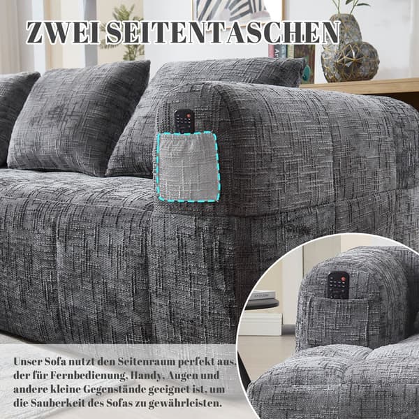 Sektionssofa, L-Sofa, 3-Sitzer-Sofa, keine Installation erforderlich, Chenille-Sofa mit Chaiselongue und Armlehnen, 3 Kissen, Grau