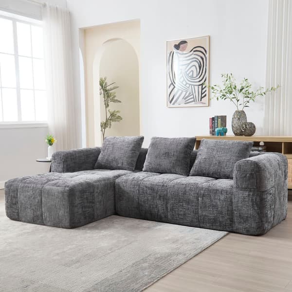Sektionssofa, L-Sofa, 3-Sitzer-Sofa, keine Installation erforderlich, Chenille-Sofa mit Chaiselongue und Armlehnen, 3 Kissen, Grau