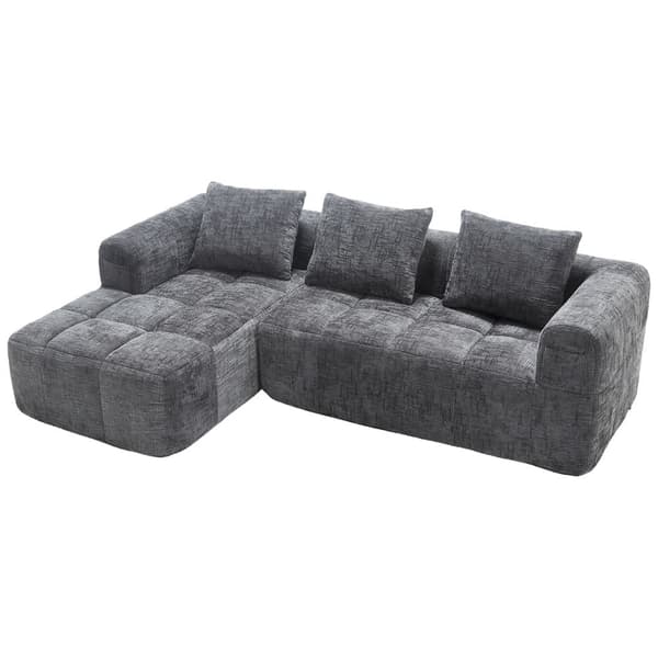 Sektionssofa, L-Sofa, 3-Sitzer-Sofa, keine Installation erforderlich, Chenille-Sofa mit Chaiselongue und Armlehnen, 3 Kissen, Grau