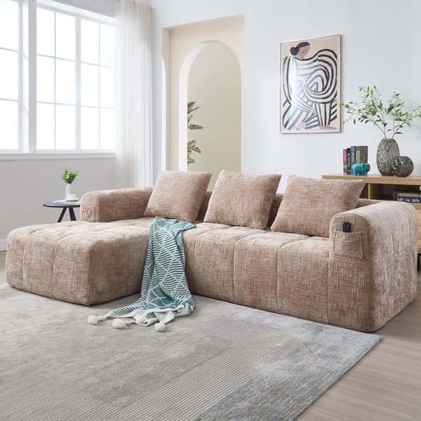 Sektionssofa, L-Sofa, 3-personers sofa, ingen installation nødvendig, chenille sofa med chaiselong og armlæn, 3 hynder, khaki