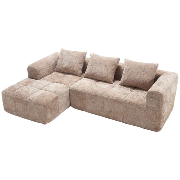 Sektionssofa, L-Sofa, 3-personers sofa, ingen installation nødvendig, chenille sofa med chaiselong og armlæn, 3 hynder, khaki