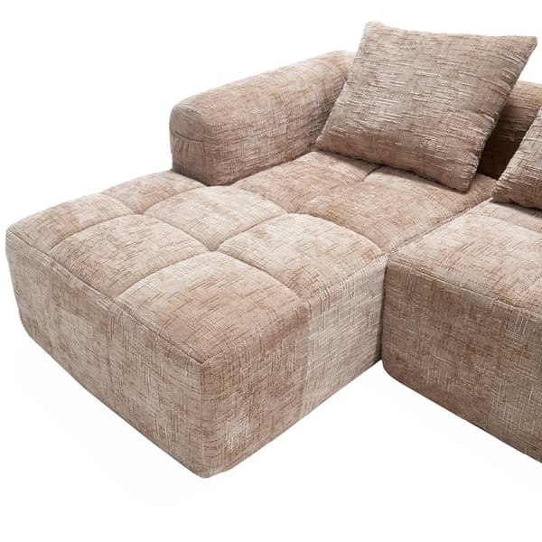 Sektionssofa, L-Sofa, 3-personers sofa, ingen installation nødvendig, chenille sofa med chaiselong og armlæn, 3 hynder, khaki