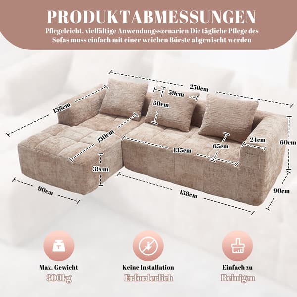 Sektionssofa, L-Sofa, 3-personers sofa, ingen installation nødvendig, chenille sofa med chaiselong og armlæn, 3 hynder, khaki