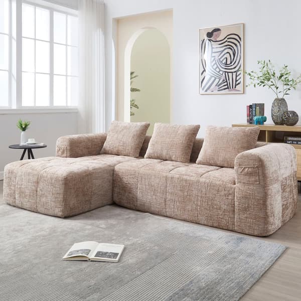 Sektionssofa, L-Sofa, 3-personers sofa, ingen installation nødvendig, chenille sofa med chaiselong og armlæn, 3 hynder, khaki