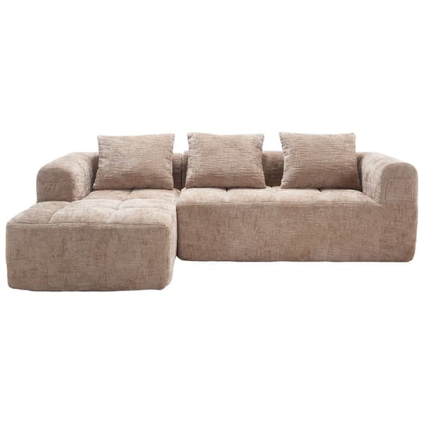 Sektionssofa, L-Sofa, 3-personers sofa, ingen installation nødvendig, chenille sofa med chaiselong og armlæn, 3 hynder, khaki
