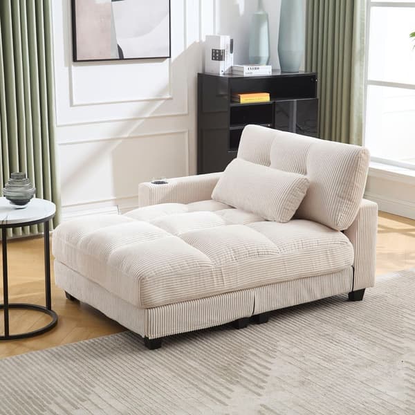 Beige palmesofa med bløde stribede hynder, rullegelændere, nakkestøtte med klap, tre kopholdere og sidelomme